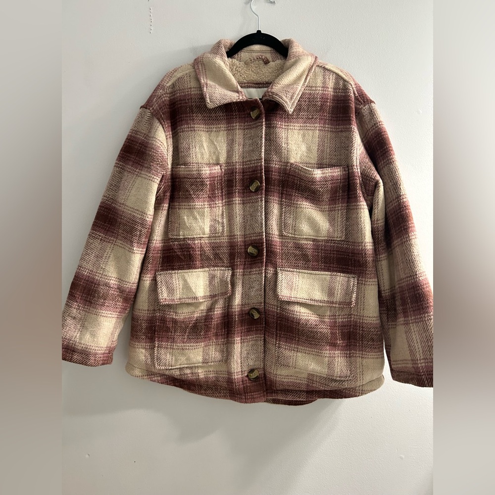 American eagle burgundy plaid button up teddy bear Sherpa lined jacket